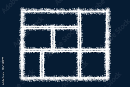 Snowflake photo frame set, snow Christmas New Year decoration, white frame with snowflakes inside, 2026, Happy New Year card border with many snowflakes. Merry christmas festival elegant banner