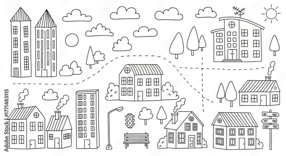 Fototapeta premium Hand-drawn illustration of a cityscape with houses, buildings, trees, clouds, and other elements