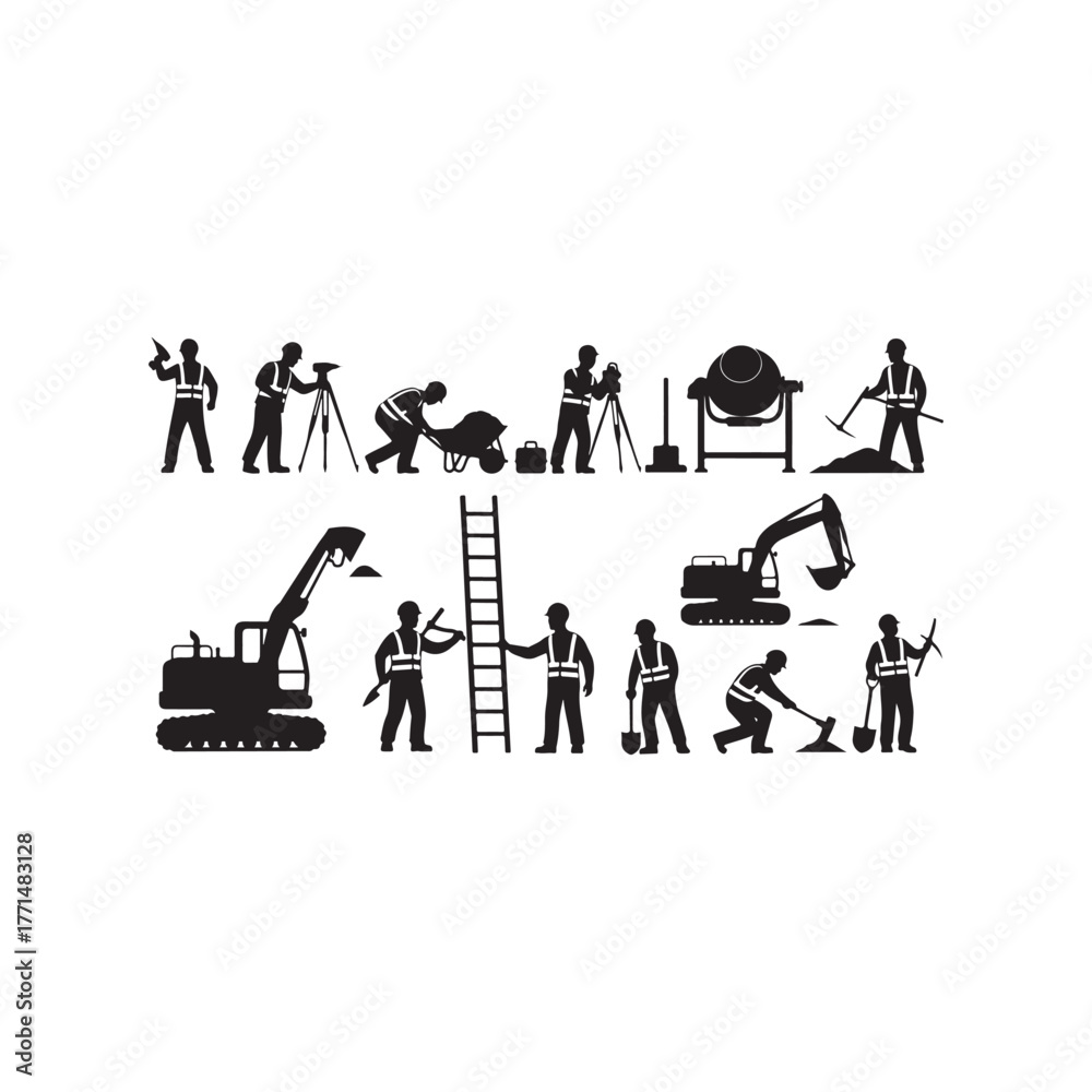 Naklejka premium Illustration of construction worker silhouette doing different construction activities