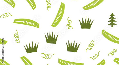 Vibrant green seamless pattern featuring abstract organic shapes, stylized grass tufts, curly lines, and a small tree, perfect for textile design, nature-themed 