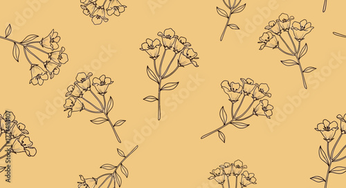 Elegant seamless pattern with hand-drawn wildflowers, featuring delicate botanical illustrations of small blossoms and stems on a soothing beige background, perfect for textiles and digital projects