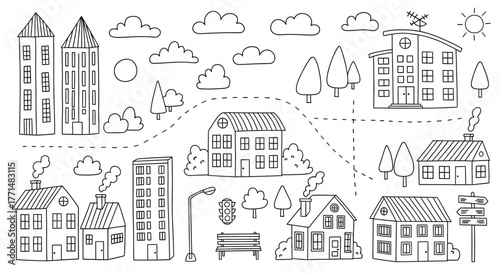 Hand-drawn illustration of a cityscape with houses, buildings, trees, clouds, and other elements