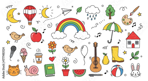 Playful collection of hand-drawn vector doodle illustrations featuring various everyday objects, nature, and cute animals, perfect for creative graphic design projects
