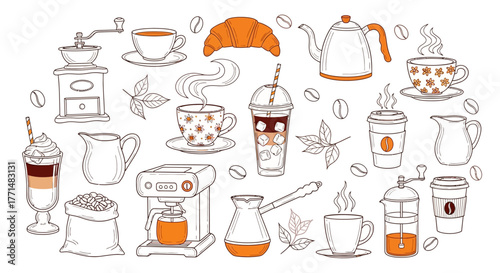 Coffee Time Hand-Drawn Vector Set with Coffee Beans, Drinks and Pastries