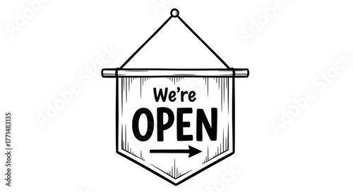 Inviting 'We're Open' hanging banner sign, signaling business availability, welcome, and readiness to serve customers, perfect for store re-openings and daily operations