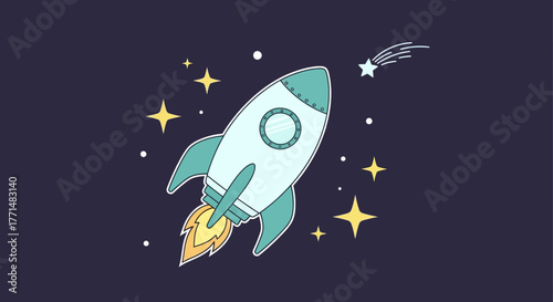 Illustration of a rocket soaring through starry space, with a shooting star trailing behind, representing exploration and the cosmos