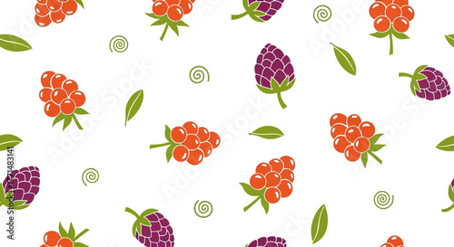 Vibrant seamless pattern with a medley of fresh red raspberries and juicy purple blackberries, adorned with delicate green leaves and subtle decorative swirls on a clean white background, 