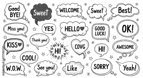 Collection of speech bubbles with various positive and friendly messages and exclamations like hello, wow, and kiss