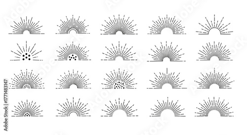 Diverse vector collection of stylized half-circle sunburst and light ray designs, ideal for adding a retro, vintage, or modern energetic accent to logos, badges, decorative elements, 