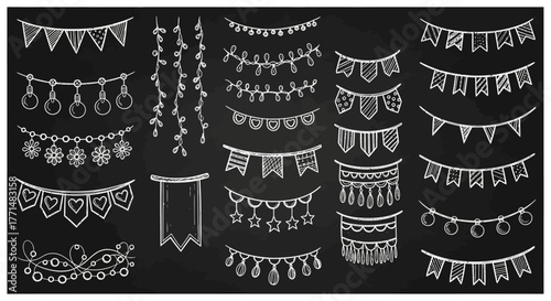 Hand-drawn chalk style festive decoration elements set including garlands, bunting, and string lights for party invitations, event designs, and celebratory projects