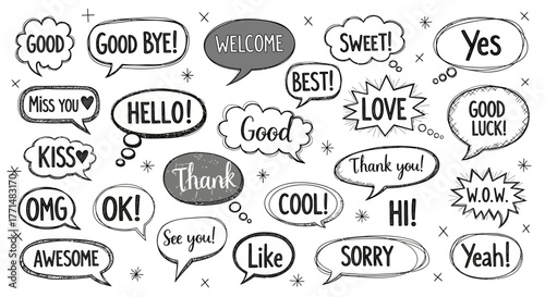Collection of Hand-Drawn Speech Bubbles with Positive Messages and Greetings for Various Uses