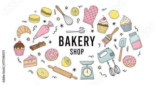 Charming hand-drawn vector illustration showcasing a delightful array of bakery items, sweet treats, and kitchen tools, ideal for confectionery branding, menus, or shop decor