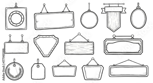 Assortment of hand-sketched blank signage elements, including shop banners, vintage style plaques, and hanging frames, perfect for creative design and custom text displays