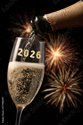 celebrate 2026 champagne bottle pouring into an elegant glass with letters against golden sparkling firework at dark sky, bubbly new years day eve, silvester, portrait format, photorealistic