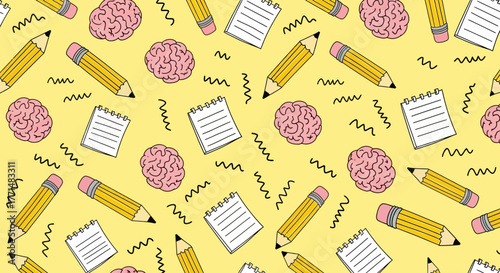 Creative Pattern of Brains, Notebooks, and Pencils on a Yellow Background, Illustrating Ideas and Learning