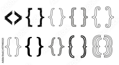 A diverse collection of eleven hand-drawn curly braces and decorative bracket vector icons isolated on a white background