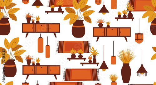 Warm and inviting seamless pattern depicting a cozy mid-century modern interior design with stylish furniture, lush houseplants, and retro lighting fixtures