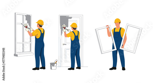 Professional handyman diligently painting window and door frames for home renovation and improvement projects with quality craftsmanship
