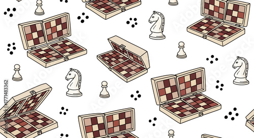 Engaging seamless pattern featuring neatly arranged classic chess elements, including miniature portable boards, elegant knight pieces, and pawns, set against a pristine white background. 