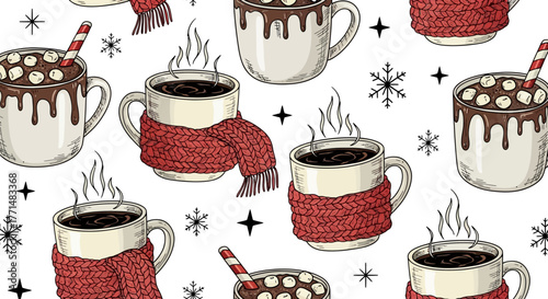 Cozy Winter Drinks Seamless Pattern Featuring Hand-Drawn Mugs of Hot Chocolate and Coffee, Decorated with Red Knitted Scarves, Marshmallows, Chocolate Drizzle, and Festive Snowflakes