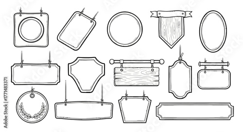 Hand-drawn collection of diverse blank vintage signs, rustic wooden banners, and empty display frames in a sketch style, ideal for retro design templates and advertising