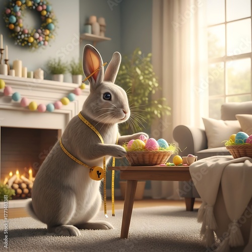 An Easter Bunny, measuring Easter eggs, stands by a table with baskets and garland, near a fireplace and window