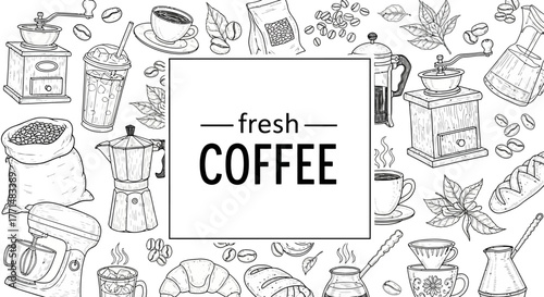 Outline Illustration with 'Fresh Coffee' Text Surrounded by Coffee-Related Elements