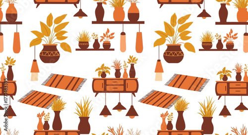 Seamless pattern with decorative houseplants and furniture on shelves, creating a cozy home interior aesthetic