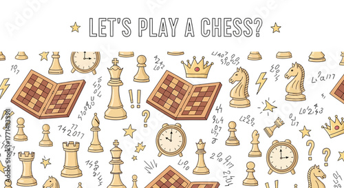 LET'S PLAY A CHESS? - A Delightful Pattern Featuring Chess Pieces, Boards, and Clocks on a White Background