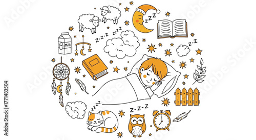 Dreamland Delight A Whimsical Illustration of a Child's Peaceful Sleep Surrounded by Sweet Dreams