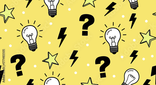 Seamless Pattern of Light Bulbs, Question Marks, and Stars on a Yellow Background, Symbolizing Ideas and Queries
