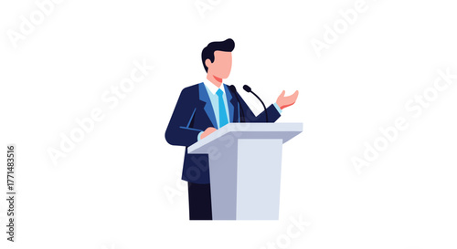 Dynamic speaker presenting at podium, delivering powerful speech with confidence and professionalism at conference, business presentation, or event
