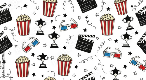 Vibrant seamless pattern featuring hand-drawn cinema and movie night elements, including popcorn, film clapperboards, 3D glasses, and award trophies on a festive white background