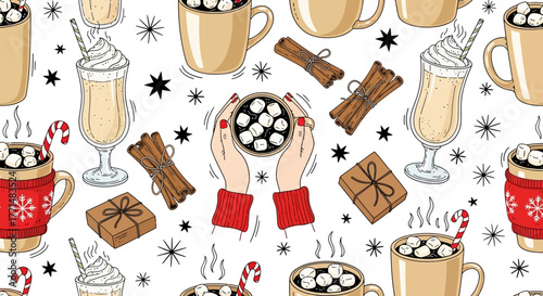 Cozy Winter Beverage Pattern with Hot Chocolate and Marshmallows, a Perfect Holiday Treat