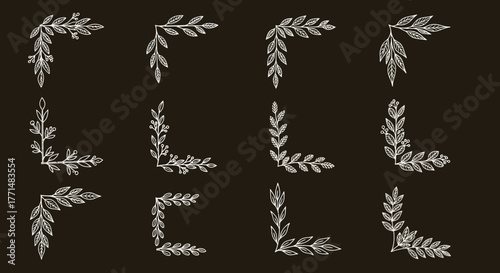 A beautifully hand-drawn collection of twelve vintage-style leafy corner elements. Rustic botanical vine dividers and laurels for elegant page decoration and frames