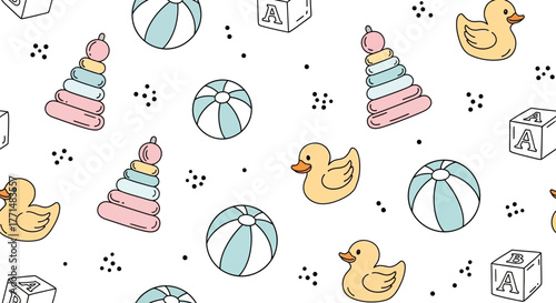 Cute cartoon toy pattern with balls, stacking rings, and rubber ducks on white background, perfect for kids' designs