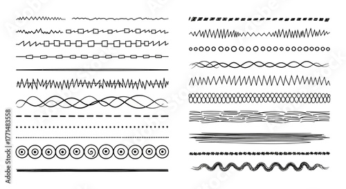 Diverse collection of graphic design dividers and borders, featuring hand-drawn, wavy, dotted, and artistic line elements. Ideal for creative layout enhancements and text separation
