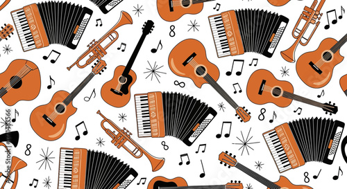 Vibrant musical instrument seamless pattern with accordions, acoustic guitars, and trumpets on a clean background, ideal for textile designs, wrapping paper, or digital art celebrating melody 