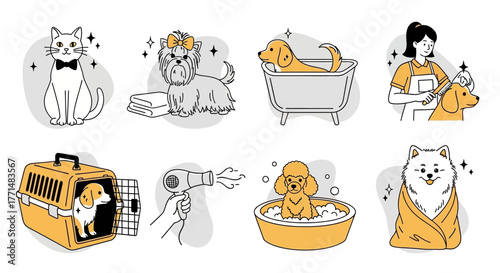 Comprehensive Vector Line Art Collection Featuring Pet Grooming Activities, Animal Care Services, and Cute Domesticated Companions Illustrations