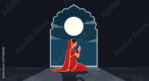 Elegant woman in traditional dress praying under moonlight, perfect for spiritual themes and cultural celebrations with peaceful and serene atmosphere