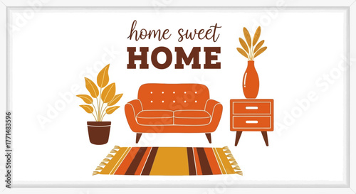 Cozy living room scene with orange sofa, potted plants, and side table, perfect for home decor inspiration