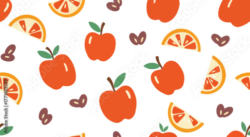 Vibrant and Playful Seamless Pattern with Fresh Red Apples and Juicy Orange Slices Scattered on a Clean White Background, Ideal for Textile Design, Packaging, or Digital Graphics