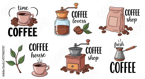 A comprehensive collection of charming coffee illustrations featuring essential brewing tools, aromatic beans, and cozy cups, perfect for cafe branding, menu designs, and beverage-themed projects