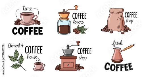 A collection of colorful coffee shop vector icons and logos, featuring hand-drawn grinders, cups, beans, and a cezve pot for cafe branding