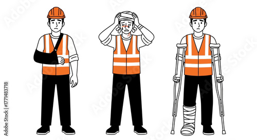A set of illustrations showing an industrial worker with a broken arm in a sling, a head injury, and a broken leg with crutches, highlighting job site safety