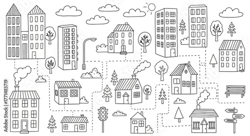 Urban Village Doodle Hand-Drawn Buildings, Houses, and Landscape Elements