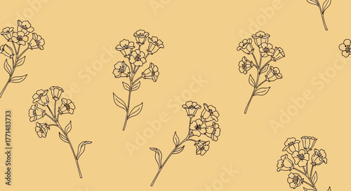 Seamless pattern of delicate forget-me-not flowers in a soft, artistic sketch on a muted ochre background, perfect for wallpapers or fabric design
