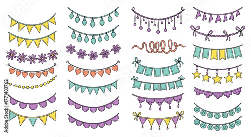 Hand-drawn doodle party garlands and festive flags vector set for celebration decorations, featuring colorful outline banners, string lights, and bunting elements for event design projects