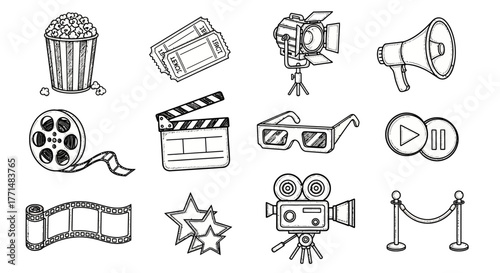Movie Night Hand-Drawn Cinema Icons for Film Enthusiasts