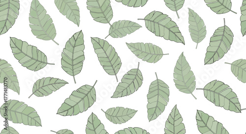 Delicate hand-illustrated green leaf pattern, seamlessly arranged on a bright white background, evoking a sense of natural freshness and botanical beauty for a versatile decorative element
